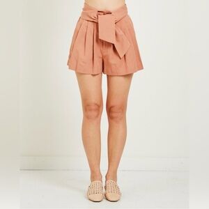 Ulla Johnson Martim Twill High-Waist Pleated Paperbag Boho Shorts in Clay